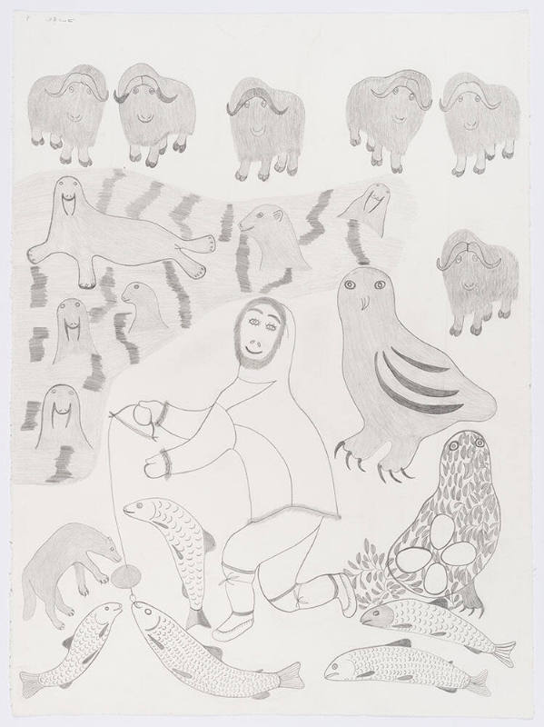 Untitled (Person fishing with seals and muskox)