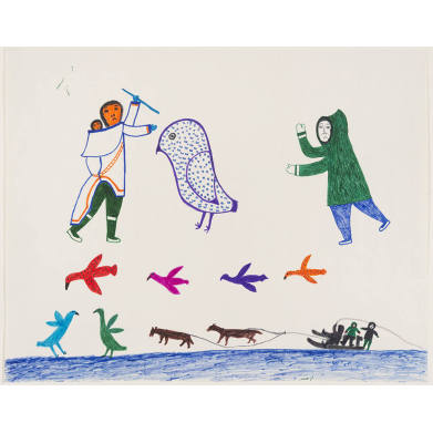 Untitled (Birds, dog sled, and two figures attacking owl)