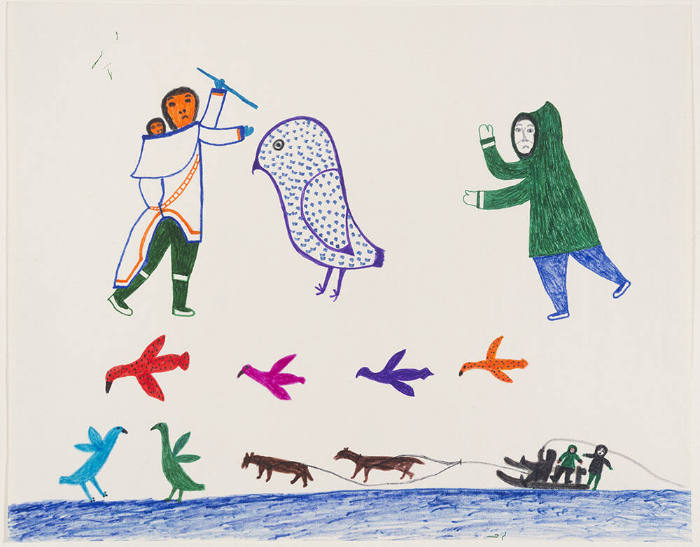 Untitled (Birds, dog sled, and two figures attacking owl)