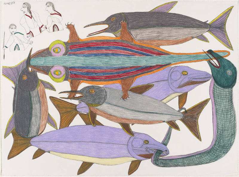 Untitled (Seven large fish with three small figures)