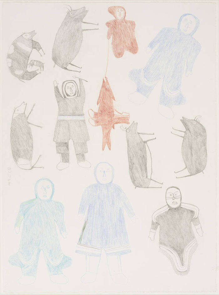 Untitled (Seven humans, six land animals, and a fish)