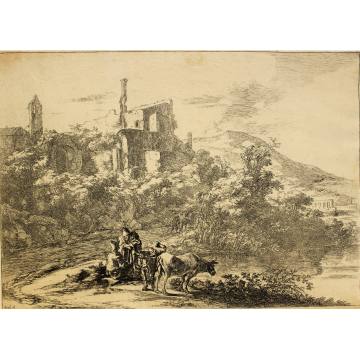 Landscape with Ruins and Two Cows at the Waterside