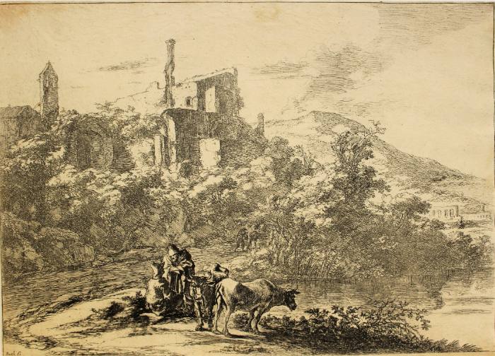 Landscape with Ruins and Two Cows at the Waterside