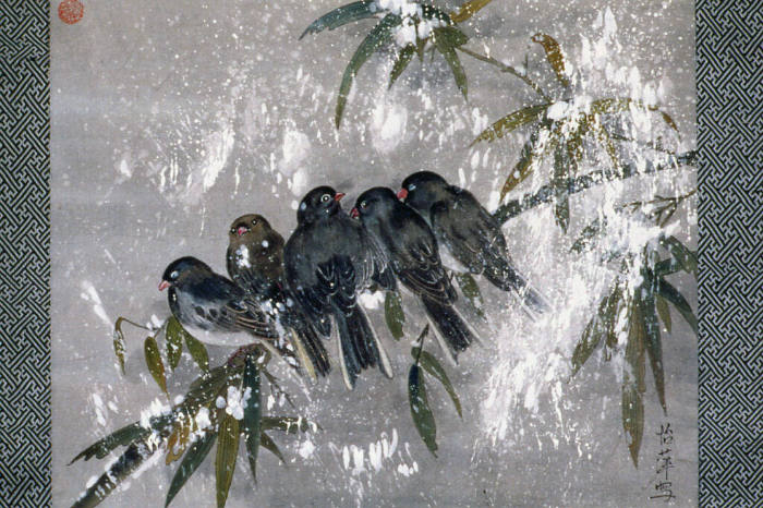 Five Birds Resting On Bamboo In Snow