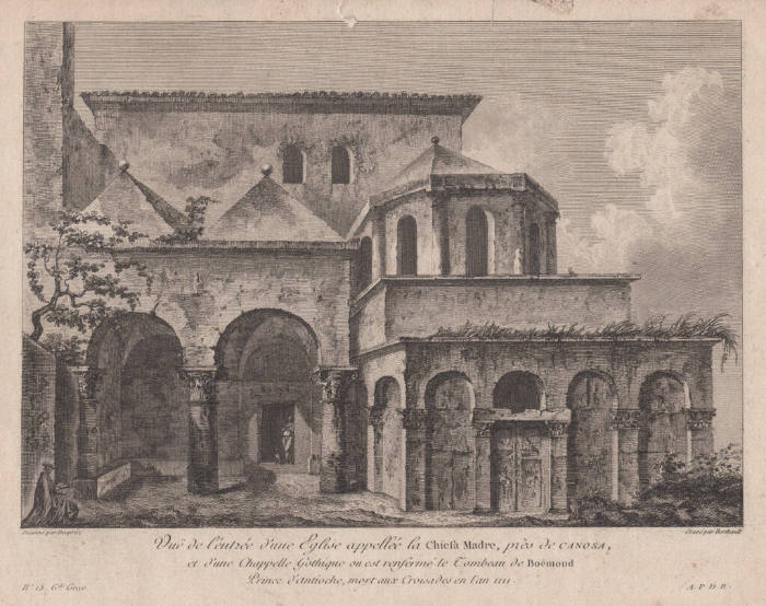 No. 15. Vue de l'entrée d'une Eglise appellée la Chiefa Madre, prés de Canosa, et d'une chapelle Gothique ou est renfermé le tombeau de Boemond Prince d'Antioche, mort aux Croisades en l'an un.