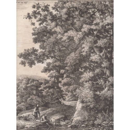 Two Men and a Dog Drinking at a Stream