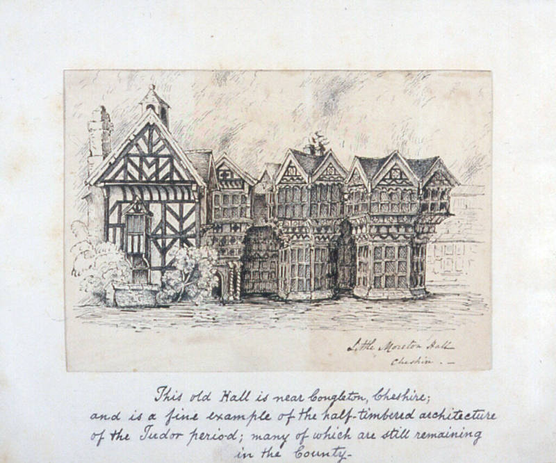 Sketch Book bound by William Wood and containing ink sketches by W. Wood, Late 19th c. lithographs of English Churches, 18th c. etchings and photographs of Macclesfield and Prestbury, Cheshire